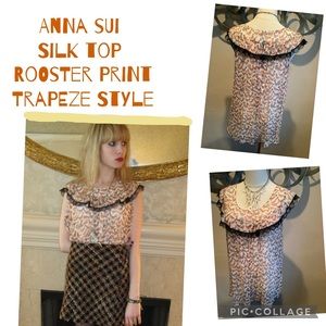 Anna Sui Rooster Print Silk Trapeze Style Top